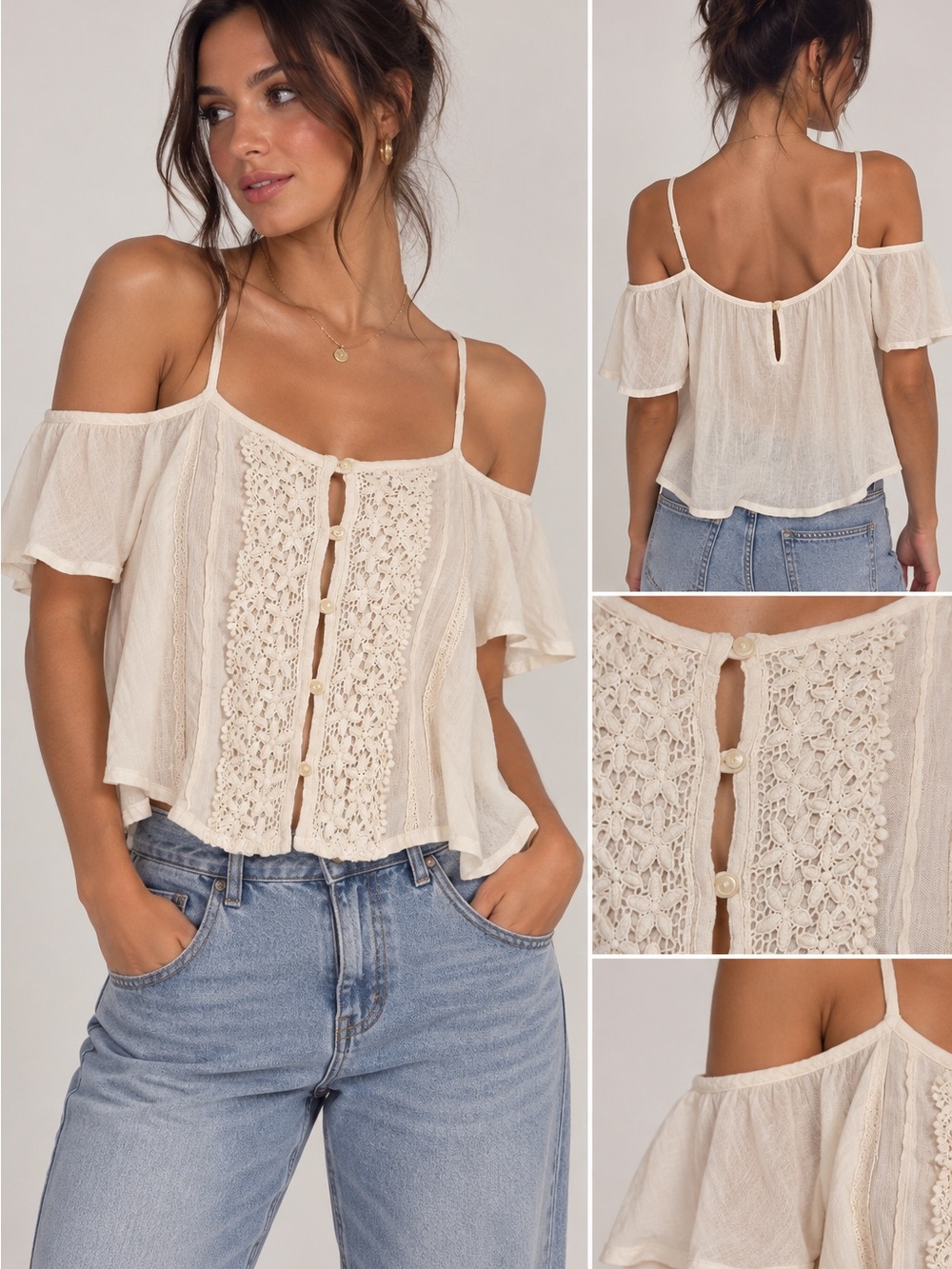 Hollister Cream Off-Shoulder Crochet Front Camisole